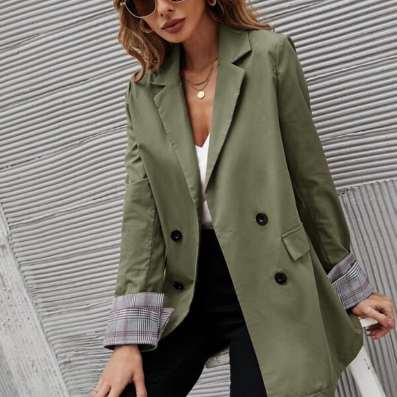 Classic Army Green Plaid Cuff Button Blazer Work - Picture 9 of 10